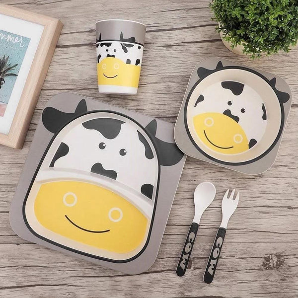 KIDS 5IN1 BAMBOO FIBRE TABLEWARE SET-COW